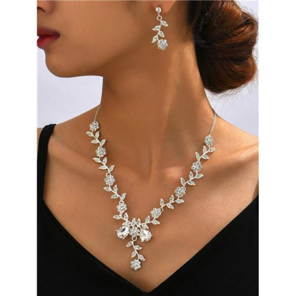 Silver Crystal Rhinestone Necklace Earrings Set Set Bridal Party Dress Jewelry